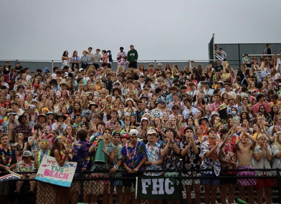 FHCs+student+section+shows+their+Ranger+pride+in+their+opening+game+against+Jenison.