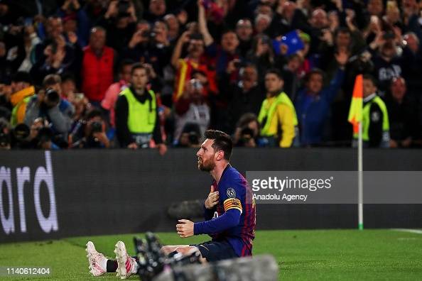 BARCELONA, SPAIN - MAY 1:  Barcelonas Argentinian forward Lionel Messi celebrates after scoring a goal during semi finals of UEFA Champions League football match between FC Barcelona and Liverpool FC at the Camp Nou Stadium in Barcelona, Spain on May 1, 2019. (Photo by Adria Puig/Anadolu Agency/Getty Images)