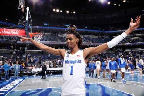 MEMPHIS, TN - NOVEMBER 9: Emoni Bates #1 of the Memphis Tigers celebrates after the game against the Tennessee Tech Golden Eagles on November 9, 2021 at FedExForum in Memphis, Tennessee. Memphis defeated Tennessee Tech 89-65. (Photo by Joe Murphy/Getty Images)