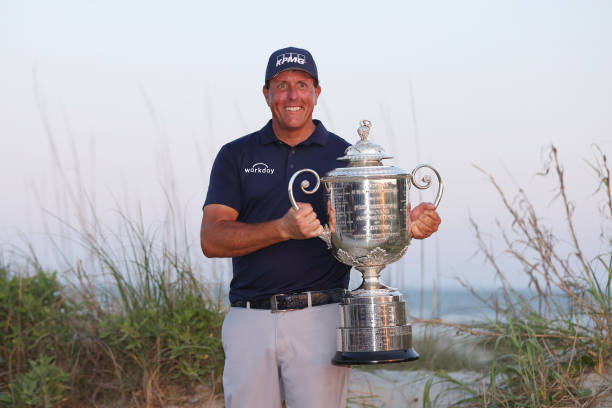 KIAWAH ISLAND, SOUTH CAROLINA - MAY 23: Phil Mickelson of the United States celebrates with the Wanamaker Trophy after winning during the final round of the 2021 PGA Championship held at the Ocean Course of Kiawah Island Golf Resort on May 23, 2021 in Kiawah Island, South Carolina. (Photo by Gregory Shamus/Getty Images)