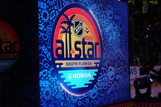 SUNRISE, FL - FEBRUARY 04: The All-Star game logo is displayed before player announcements during game one of the Honda NHL All-Star Game between the Pacific and Central Divisions on Saturday, February 4, 2023 at FLA Live Arena, Sunrise, Fla. (Photo by Peter Joneleit/Icon Sportswire via Getty Images)
