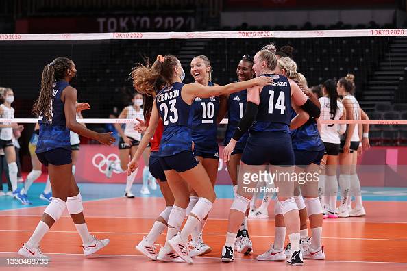 TOKYO, JAPAN - JULY 25: Team United States celebrates after defeating Team Argentina during the Womens Preliminary - Pool B on day two of the Tokyo 2020 Olympic Games at Ariake Arena on July 25, 2021 in Tokyo, Japan. (Photo by Toru Hanai/Getty Images)