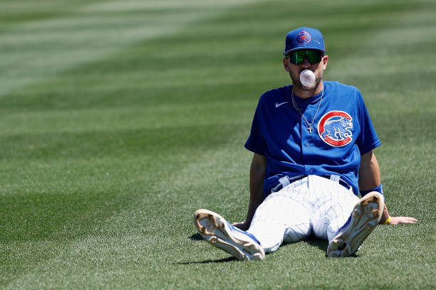 MESA, ARIZONA - APRIL 02: Patrick Wisdom #16 of the Chicago Cubs blows bubble gum before the MLB spring training game against the Los Angeles Angels at Sloan Park on April 02, 2022 in Mesa, Arizona. (Photo by Christian Petersen/Getty Images)