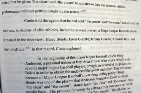 A page in the report released by investigator George J. Mitchell about performance-enhancing drug use in baseball refers to players Barry Bonds, Jason Giambi, Jeremy Giambi, Armando Rios and Gary Sheffield in relation to the Bay Area Laboratory Cooperative (BALCO) scandal, 13 December 2007, at a press conference in New York.  AFP PHOTO/Stan HONDA (Photo credit should read STAN HONDA/AFP via Getty Images)