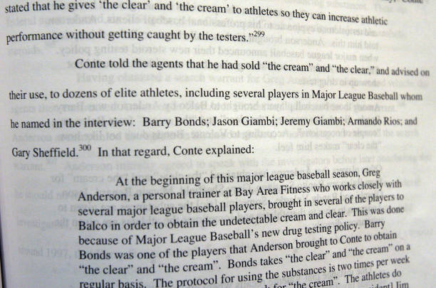 A+page+in+the+report+released+by+investigator+George+J.+Mitchell+about+performance-enhancing+drug+use+in+baseball+refers+to+players+Barry+Bonds%2C+Jason+Giambi%2C+Jeremy+Giambi%2C+Armando+Rios+and+Gary+Sheffield+in+relation+to+the+Bay+Area+Laboratory+Cooperative+%28BALCO%29+scandal%2C+13+December+2007%2C+at+a+press+conference+in+New+York.++AFP+PHOTO%2FStan+HONDA+%28Photo+credit+should+read+STAN+HONDA%2FAFP+via+Getty+Images%29
