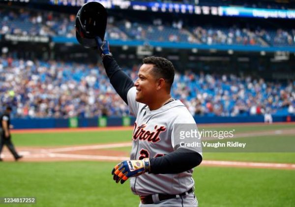 TORONTO, ON - AUGUST 22:  Miguel Cabrera #24 of the Detroit Tigers celebrates after hitting his 500th career home run in the sixth inning during a MLB game against the Toronto Blue Jays at Rogers Centre on August 22, 2021 in Toronto, Ontario, Canada.  (Photo by Vaughn Ridley/Getty Images)