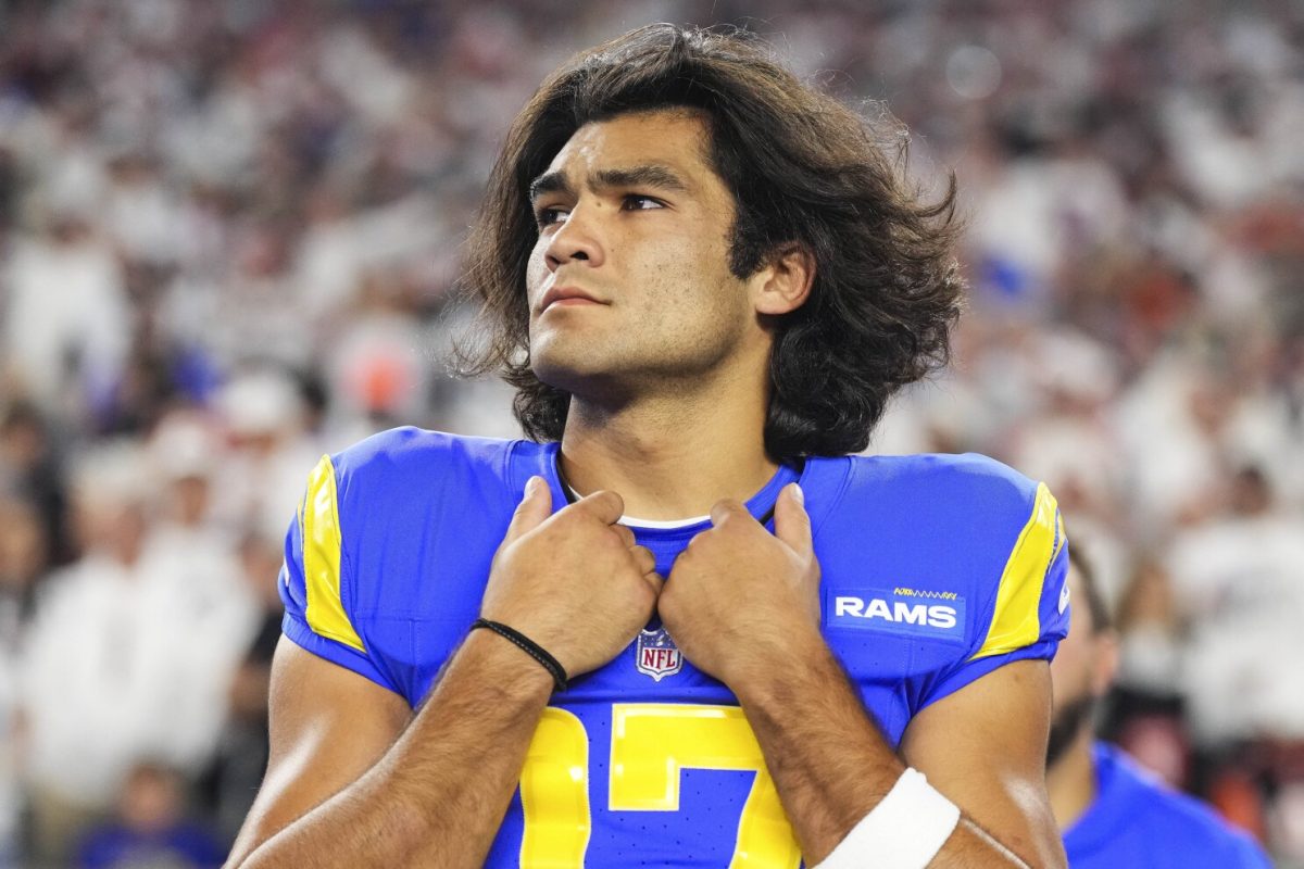 CINCINNATI, OH - SEPTEMBER 25: Puka Nacua #17 of the Los Angeles Rams looks on from the sideline prior to at Paycor Stadium on September 25, 2023 in Cincinnati, Ohio. (Photo by Cooper Neill/Getty Images)